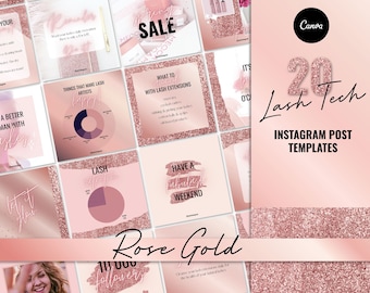 Lash Tech Instagram Post Templates: Rose Gold Canva Posts (Digital Download)
