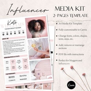 Instagram インフルエンサー メディア キット テンプレート、2 ページ、Canva で編集可能、料金表、Blogger Instagram、メディア プレス キット、Canva テンプレート、ouTube