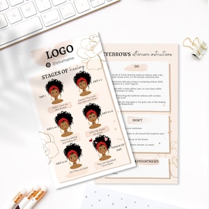 Editable Eyebrow Aftercare Cards: Hand-Drawn Avatars, PMU Template (Canva)