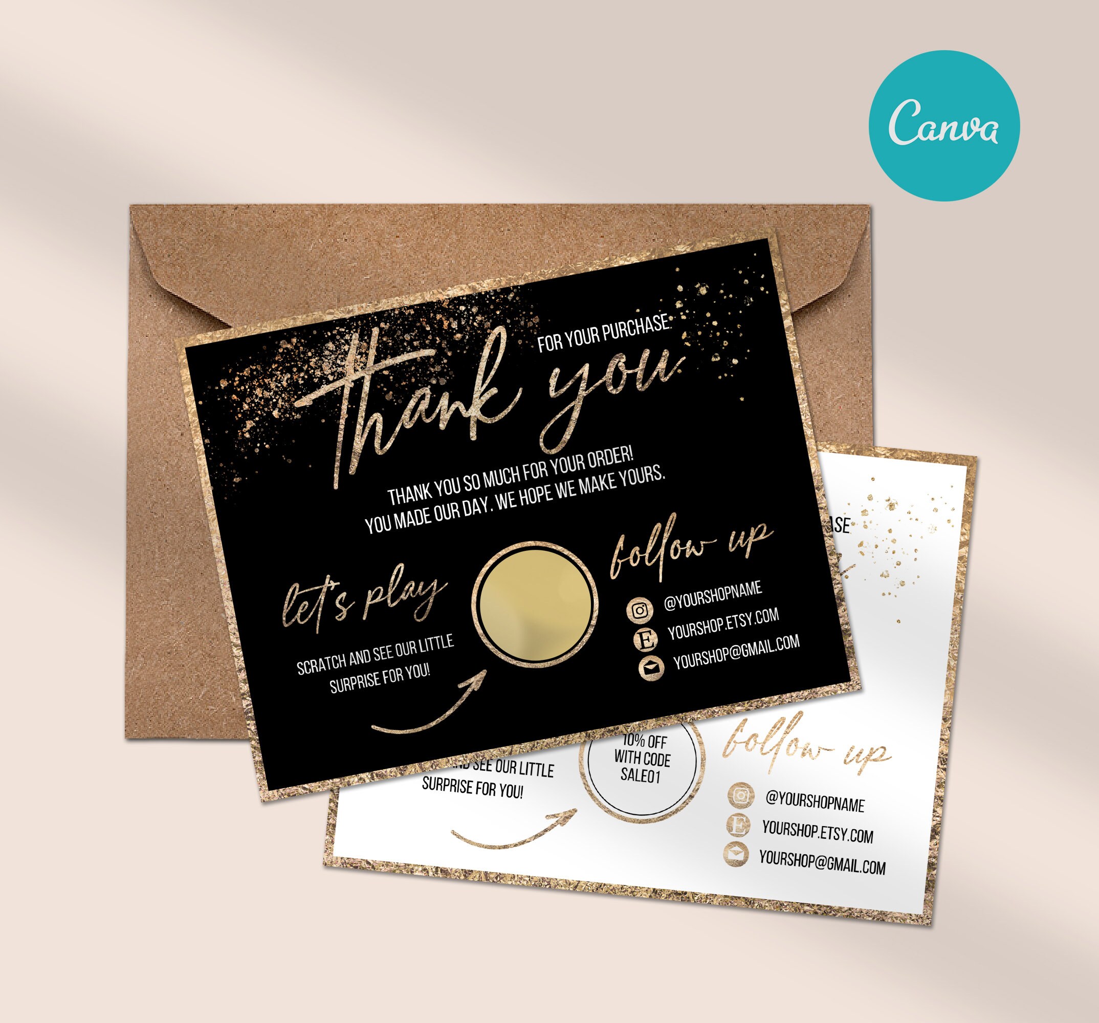 Faux Gold Thank You Card Template for Small Businesses Etsy