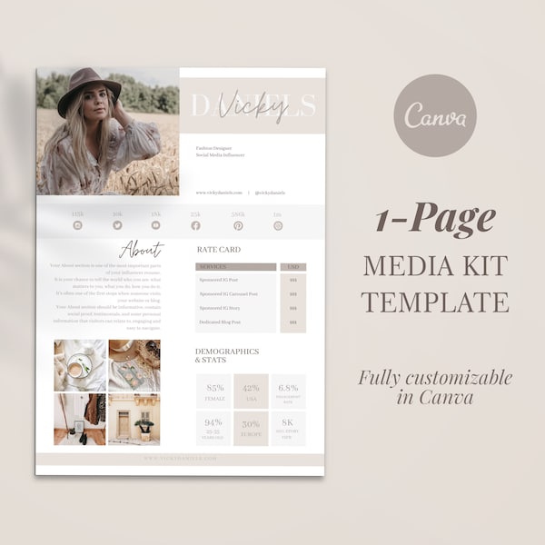 Instagram Influencer Media Kit Template, One Page, Editable in Canva, Rate Card, Blogger Instagram, Media Press Kit, Canva Template,Facebook