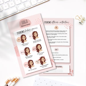 Cartes de suivi des sourcils modifiables, avatars originaux dessinés à la main, modèle de suivi Canva, suivi du microblading rose, cheveux bruns, cartes PMU
