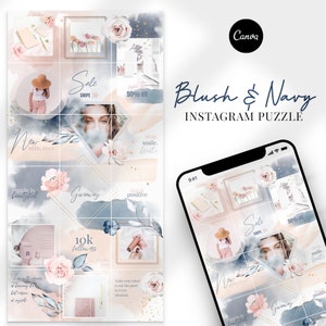 May include: A blush and navy blue Instagram puzzle template with floral and watercolor elements. The template includes text such as "New Blog Post", "Giveaway", "Simple is beautiful", "Think positive", "10k followers", "Train your mind to see the good in every situation", "Sale Swipe", and "Up to 50% off".