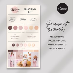 May include: Branding kit template with a pink and brown color palette, featuring a logo for "Cherry Sherry Shop" and a variety of fonts and social media icons. The template also includes inspiration images of makeup, candles, and a woman wearing a pink outfit.
