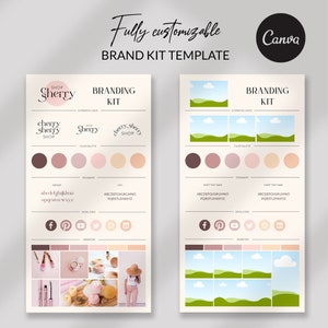 May include: Branding kit template with a pink and green color palette. The template includes a logo, color palette, typography, social icons, and inspiration images. The logo is for a shop called "Cherry Sherry".