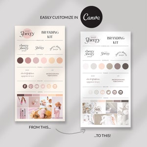 May include: A branding kit template for a business called "Shop Sherry" with a cherry and sherry logo. The template includes a color palette, typography, social media icons, and a mood board with images of cherries, flowers, and other feminine elements.