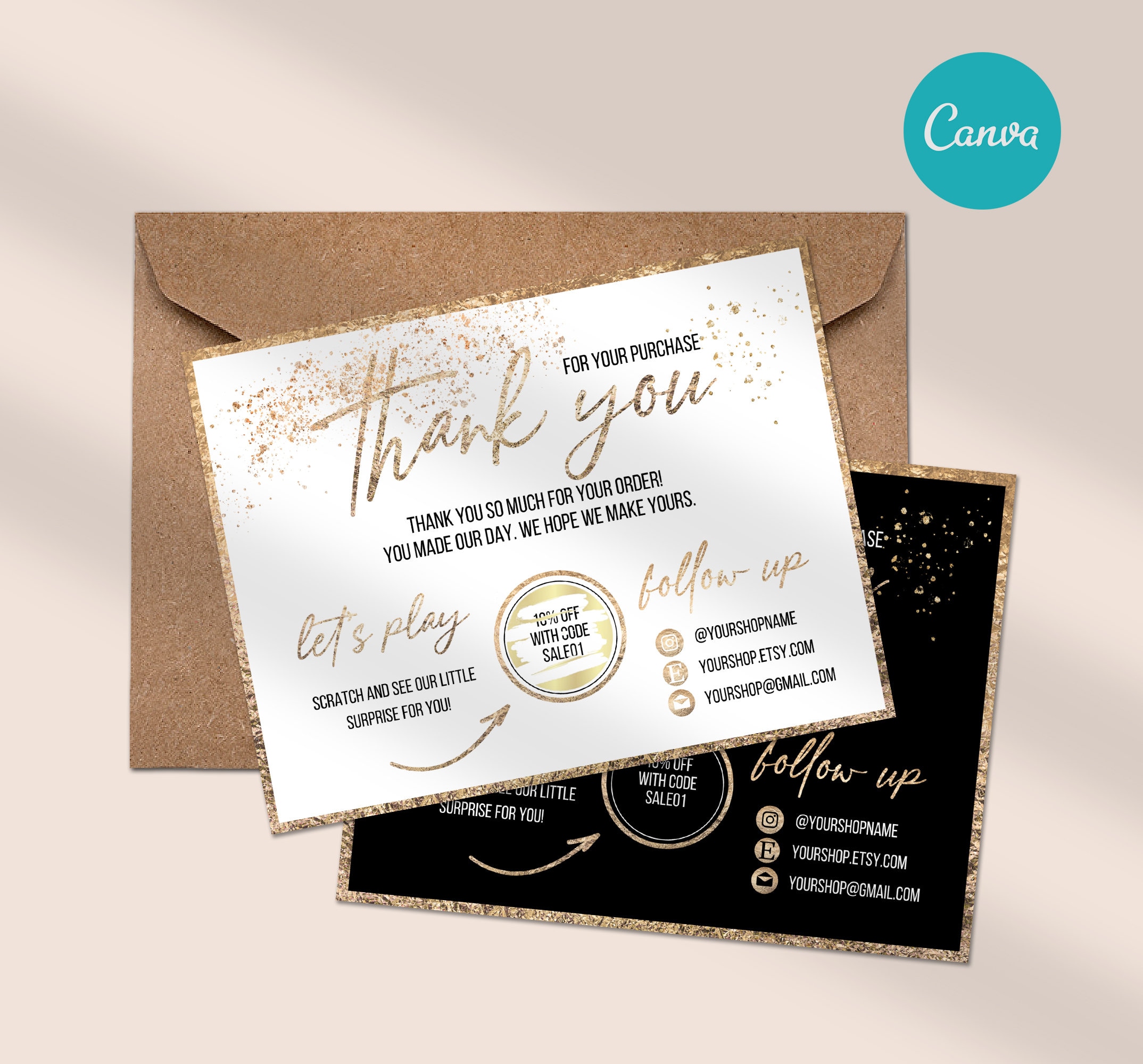 Faux Gold Thank You Card Template for Small Businesses Printable ...
