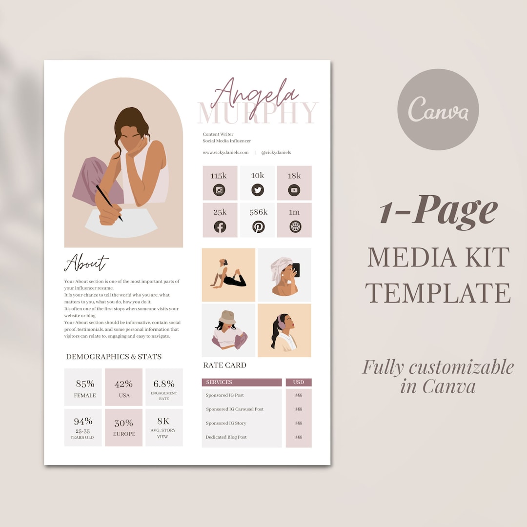 Instagram Influencer Media Kit Template One Page Editable in Etsy
