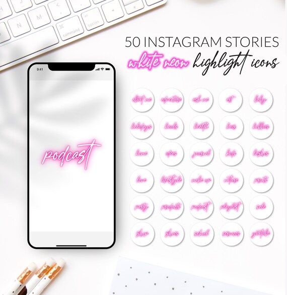50 White Neon Instagram Story Highlight Icons Text Highlight Etsy