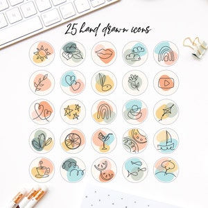 25 Hand Drawn Summer Instagram Highlights, Line Art Icons for Instagram, Hand Drawn Icons Bundle, App Icons, Rainbow Instagram Cover, Summer