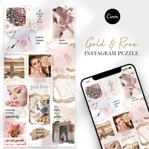 May include: A collage of images with a gold and rose theme. The images include a woman's face, flowers, a notebook, and inspirational quotes. The text includes "girl boss", "she designed a life she loved", "make it happen, girl", "shock everyone", "every day is a new opportunity", "rise and sparkle", "don't be afraid to sparkle", and "less bitter more glitter".