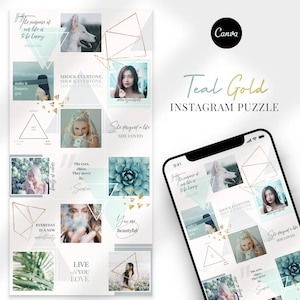 Op de afbeelding: Teal en gouden geometrische Instagram-puzzeltemplate met inspirerende citaten en afbeeldingen. De template bevat citaten zoals "Het doel van ons leven is om gelukkig te zijn" en "Ze heeft een leven ontworpen dat ze liefhad".