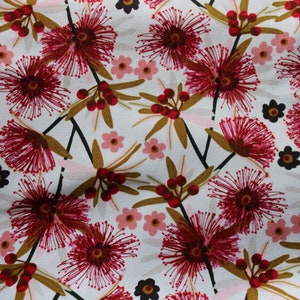 Australian Fabric Red and Pink Gum Blossoms Drill Cotton Fabric Jocelyn Proust per HALF METRE Free Shipping for Aus!