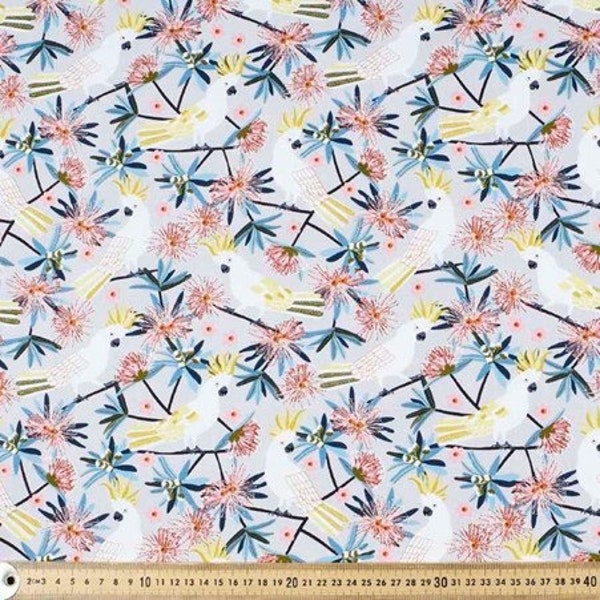Australian Birds Cotton Fabric Jocelyn Proust White Crested Cockatoos Pink White Blue Yellow per HALF METRE Free Shipping for Aus!