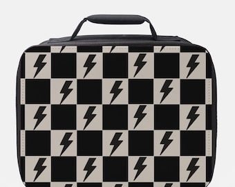 Neutral Checkered and Lightning Bolt Lunch Box, Back to School, Lunch Box, School Lunch