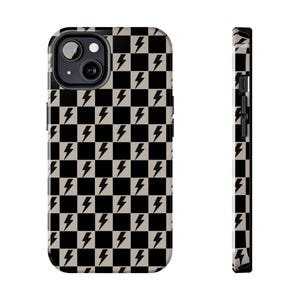 May include: A phone case featuring a black and white chequered pattern with lightning bolt motifs. The case displays a repeating design of black squares, light grey squares, and black lightning bolts. The image shows the front and side.