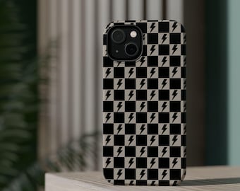 Phone Case, Lightening Bolt Checkered Design, Magnetic Tough Case for iPhone, Matte/Glossy Finish, Dual Layer Protection, MagSafe®