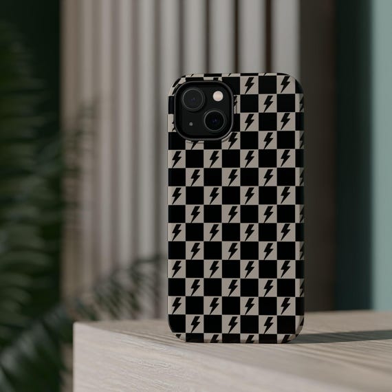 Phone Case, Lightening Bolt Checkered Design, Magnetic Tough Case for iPhone, Matte/Glossy Finish, Dual Layer Protection, MagSafe®