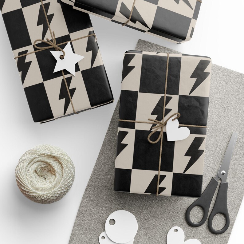 Lightning Bolt Wrapping Papers, Custom Checkered Gift Wrap, Matte or Glossy Finish, High-Quality 90gsm Paper, 3 Sizes Available, Fine Art image 3