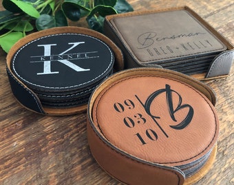 Coasters Personalized - Custom Coasters - Set of Leather Coasters - Monogramed Gift