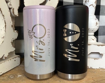 His and Hers Wedding Can Cooler Set - Mr. and Mrs. Wedding Gifts - Laser Engraved Couples Gift - Slim Can Cooler - Bride and Groom