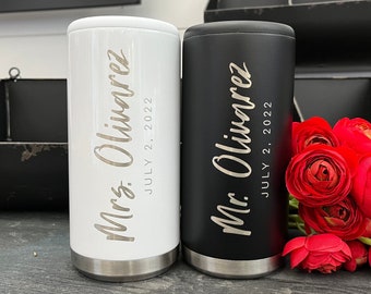 His and Hers Wedding Can Cooler Set - Custom Wedding Gifts - Laser Engraved Couples Gift - Slim Can Cooler - Stainless Steel Mr and Mrs