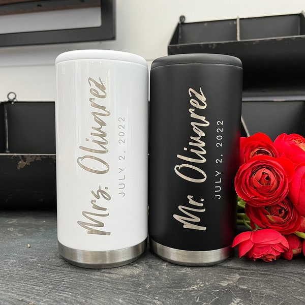 His and Hers Wedding Can Cooler Set - Custom Wedding Gifts - Laser Engraved Couples Gift - Slim Can Cooler - Stainless Steel Mr and Mrs