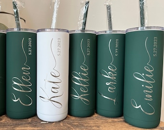 Personalized Laser Engraved Skinny Tumbler, Screw on closeable Lid, Wedding Party, Bridesmaid, Bride Tribe, Bachelorette, Girls Trip Gift