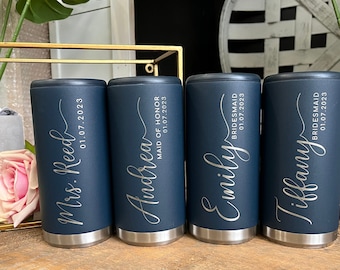 Engraved Wedding Party Slim Can Cooler, Custom Girls Trip Skinny Can Cooler, Wedding Party Favors and Gifts, Bridesmaid Gifts, Bridal Shower