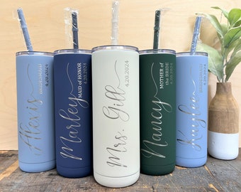 Personalized Laser Engraved Skinny Tumbler, Screw on closeable Lid, Wedding Party, Bridesmaid, Bride Tribe, Bachelorette, Girls Trip Gift
