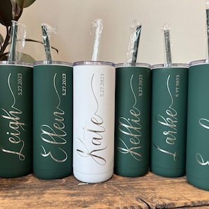 Personalized Laser Engraved Skinny Tumbler, Screw on closeable Lid, Wedding Party, Bridesmaid, Bride Tribe, Bachelorette, Girls Trip Gift