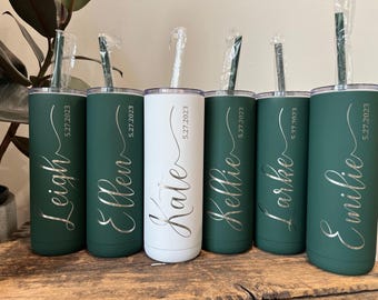 Personalized Laser Engraved Skinny Tumbler, Screw on closeable Lid, Wedding Party, Bridesmaid, Bride Tribe, Bachelorette, Girls Trip Gift