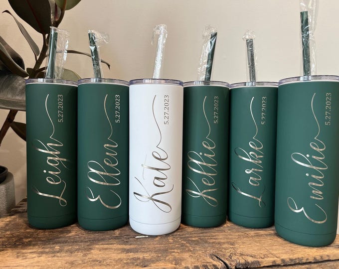 Personalized Laser Engraved Skinny Tumbler, Screw on closeable Lid, Wedding Party, Bridesmaid, Bride Tribe, Bachelorette, Girls Trip Gift