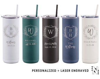 Floral Monogram Bride and Groom Tumbler, Personalized Laser Engraved Wedding Gift, Custom Skinny Tumbler for Wedding Day, Tumbler with Straw