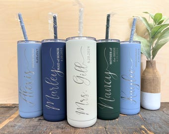 Personalized Laser Engraved Skinny Tumbler, Screw on closeable Lid, Wedding Party, Bridesmaid, Bride Tribe, Bachelorette, Girls Trip Gift