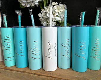 Bridesmaid Cups Laser Engraved with Name, Customized Wedding Party Gift, Skinny Tumbler Personalized for Bachelorette Party