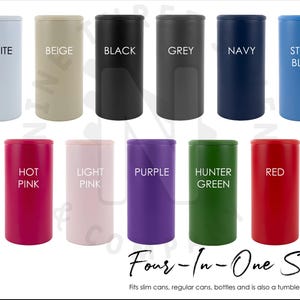 a collection of twelve cylindrical containers in various colors, arranged in a grid-like pattern. The containers are labeled with different colors such as white, beige, black, grey, navy, steel blue, hot pink, light pink, purple, hunter green, red, and green. The containers are described as "Fours-in-One Style" and "Fits slim cans, regular cans, bottles and is also a tumbler".