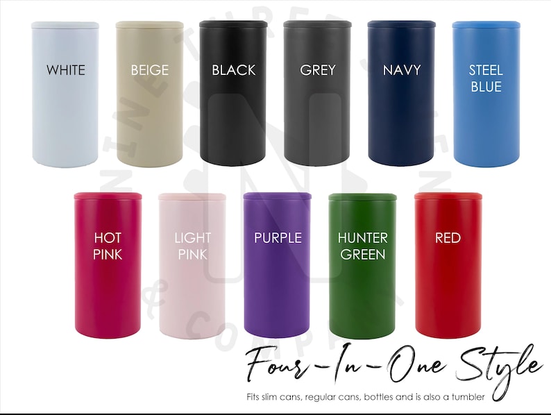 a collection of twelve cylindrical containers in various colors, arranged in a grid-like pattern. The containers are labeled with different colors such as white, beige, black, grey, navy, steel blue, hot pink, light pink, purple, hunter green, red, and green. The containers are described as "Fours-in-One Style" and "Fits slim cans, regular cans, bottles and is also a tumbler".