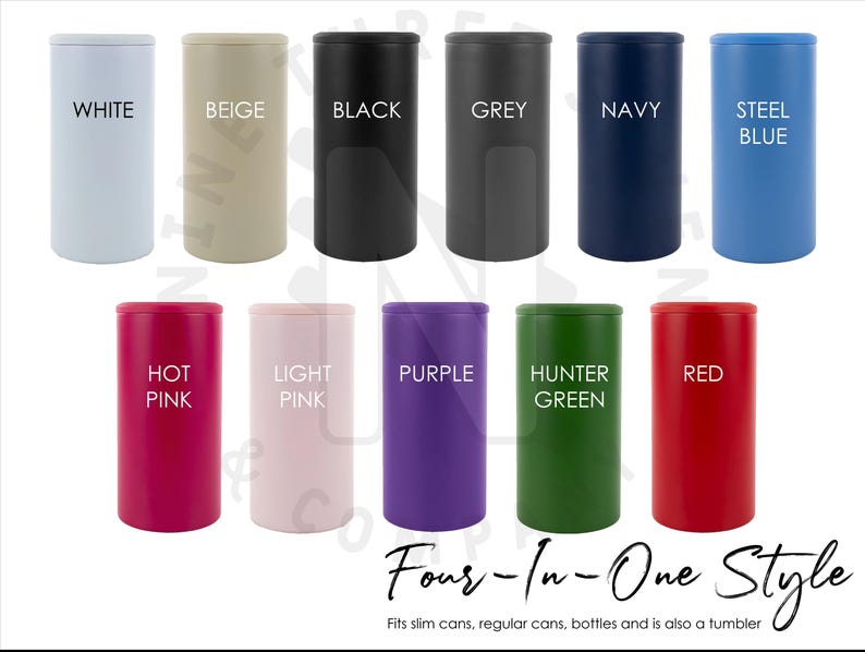a collection of twelve cylindrical containers in various colors, arranged in a grid-like pattern. The containers are labeled with different colors such as white, beige, black, grey, navy, steel blue, hot pink, light pink, purple, hunter green, red, and green. The containers are described as "Fours-in-One Style" and "Fits slim cans, regular cans, bottles and is also a tumbler".