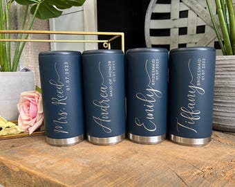 Engraved Wedding Party Slim Can Cooler, Custom Girls Trip Skinny Can Cooler, Wedding Party Favors and Gifts, Bridesmaid Gifts, Bridal Shower