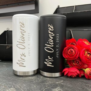 His and Hers Wedding Can Cooler Set - Custom Wedding Gifts - Laser Engraved Couples Gift - Slim Can Cooler - Stainless Steel Mr and Mrs image 2