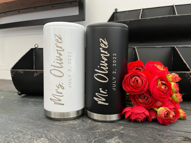 His and Hers Wedding Can Cooler Set - Custom Wedding Gifts - Laser Engraved Couples Gift - Slim Can Cooler - Stainless Steel Mr and Mrs image 2
