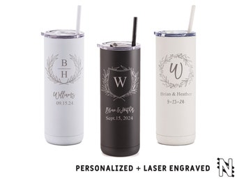 Bride and Groom Monogram Tumbler, Laser Engraved Wedding Gift, Personalized Gift for Wedding, Skinny Tumbler with Straw for Newlyweds
