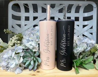 Bride and Groom Gift Set, Bridal Party Tumbler, Personalized Tumbler with Straw, Wedding Party Gift, Honeymoon Gift