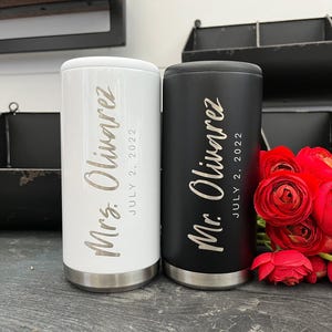 His and Hers Wedding Can Cooler Set - Custom Wedding Gifts - Laser Engraved Couples Gift - Slim Can Cooler - Stainless Steel Mr and Mrs image 1