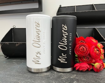His and Hers Wedding Can Cooler Set - Custom Wedding Gifts - Laser Engraved Couples Gift - Slim Can Cooler - Stainless Steel Mr and Mrs