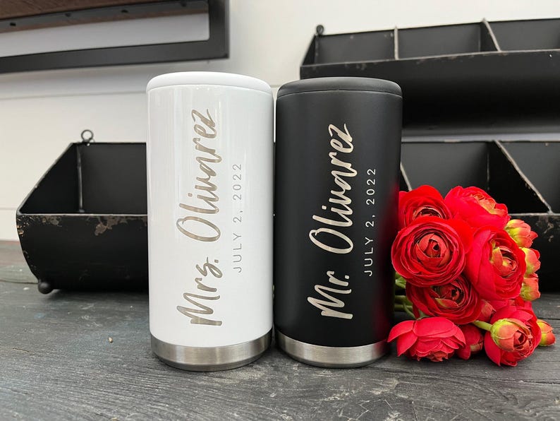 His and Hers Wedding Can Cooler Set - Custom Wedding Gifts - Laser Engraved Couples Gift - Slim Can Cooler - Stainless Steel Mr and Mrs image 1