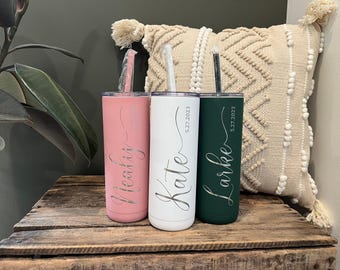 Laser Engraved Personalized Skinny Tumbler, Insulated Stainless Steel Tumbler with Straw, Wedding Party and Bachelorette Party Gifts