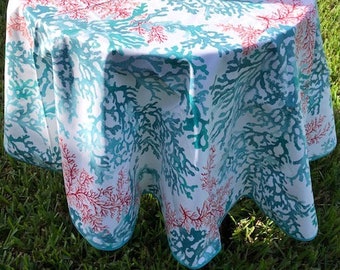 round 61" tablecloth coated France Provence turquoise decorative coral