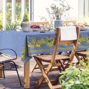 Rectangular 78", 98", 118" coated cotton Provence France tablecloth Lemon Mimosa blue background